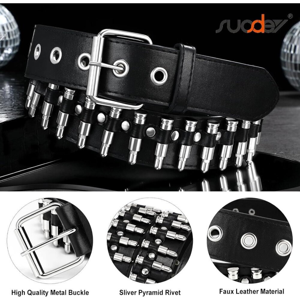 Black Studded Belt Silver Metal Grommet Punk Rock Style for Men Women - Picture 4 of 8